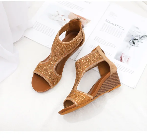Bohemia Summer Brown Beach Street Wear Womens Sandals 2022 Rhinestone 5 cm Wedges Open / Peep Toe Sandals