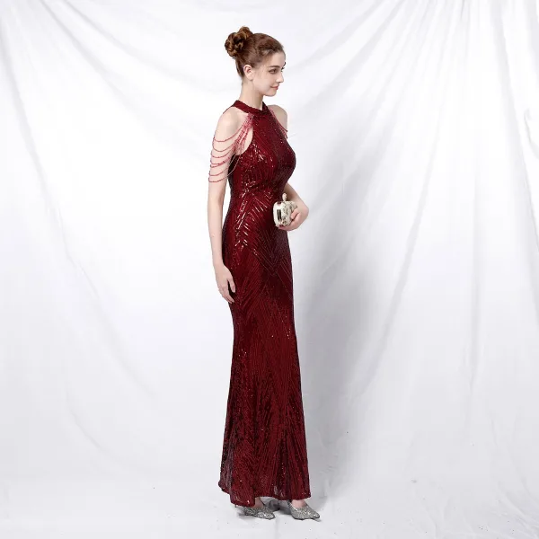 Charming Black Sequins Evening Dresses 2022 Trumpet / Mermaid Scoop Neck Beading Tassel Sleeveless Floor-Length / Long Evening Party Formal Dresses