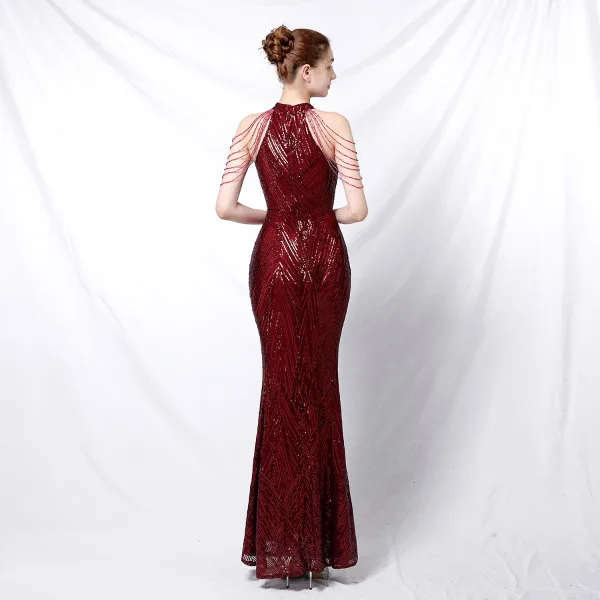 Charming Black Sequins Evening Dresses 2022 Trumpet / Mermaid Scoop Neck Beading Tassel Sleeveless Floor-Length / Long Evening Party Formal Dresses