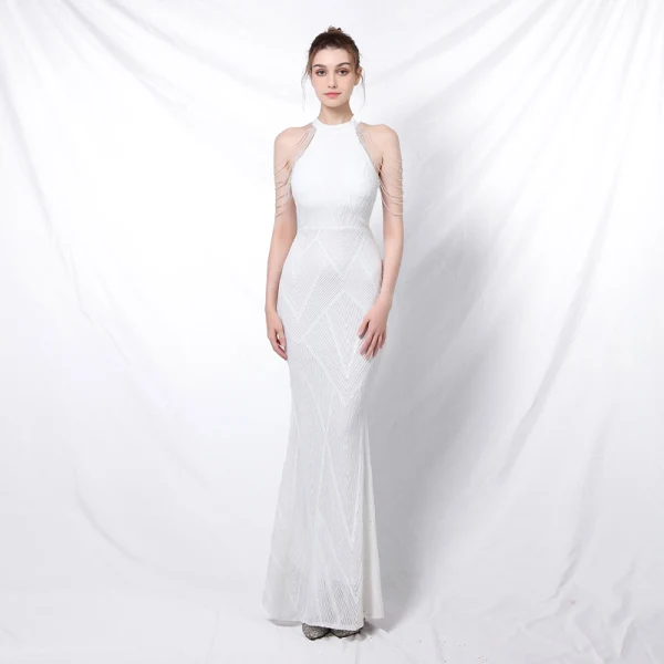 Charming Black Sequins Evening Dresses 2022 Trumpet / Mermaid Scoop Neck Beading Tassel Sleeveless Floor-Length / Long Evening Party Formal Dresses