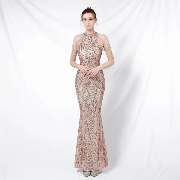 Charming Black Sequins Evening Dresses 2022 Trumpet / Mermaid Scoop Neck Beading Tassel Sleeveless Floor-Length / Long Evening Party Formal Dresses