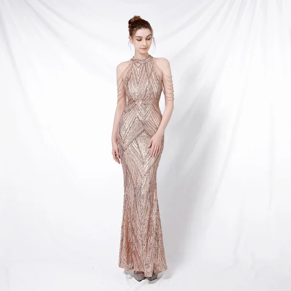 Charming Black Sequins Evening Dresses 2022 Trumpet / Mermaid Scoop Neck Beading Tassel Sleeveless Floor-Length / Long Evening Party Formal Dresses