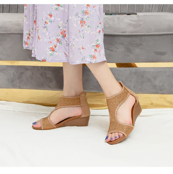 Bohemia Summer Brown Beach Street Wear Womens Sandals 2022 Rhinestone 5 cm Wedges Open / Peep Toe Sandals