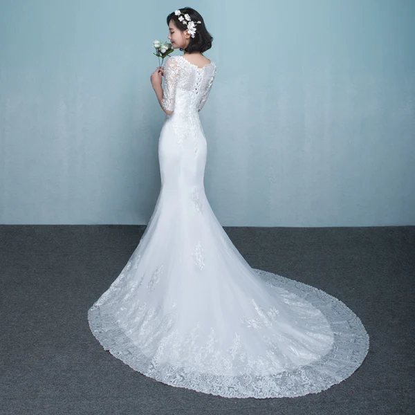 Simple Robe De Mariée 2017 Blanche Trompette / Sirène Chapel Train Encolure Dégagée 1/2 Manches En Dentelle Appliques