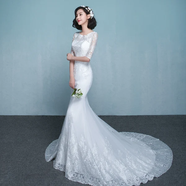 Simple Robe De Mariée 2017 Blanche Trompette / Sirène Chapel Train Encolure Dégagée 1/2 Manches En Dentelle Appliques