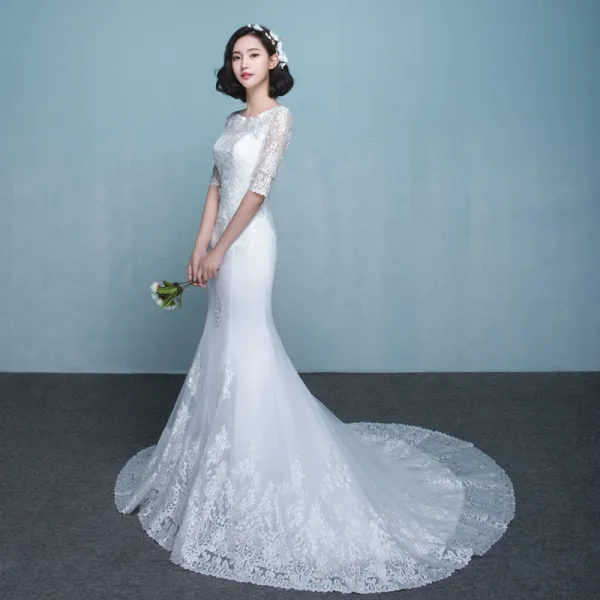 Simple Robe De Mariée 2017 Blanche Trompette / Sirène Chapel Train Encolure Dégagée 1/2 Manches En Dentelle Appliques