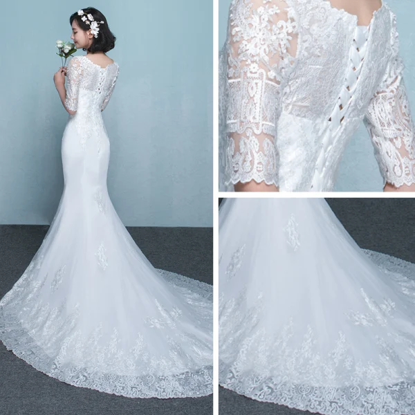 Simple Robe De Mariée 2017 Blanche Trompette / Sirène Chapel Train Encolure Dégagée 1/2 Manches En Dentelle Appliques