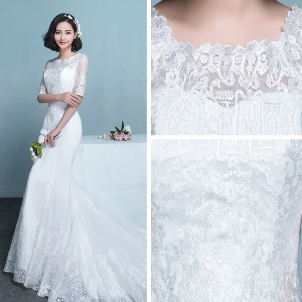 Simple Robe De Mariée 2017 Blanche Trompette / Sirène Chapel Train Encolure Dégagée 1/2 Manches En Dentelle Appliques
