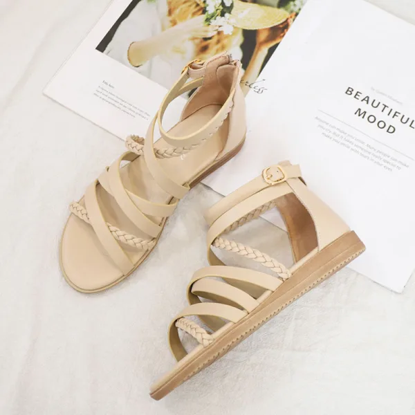 Bohemia Beige Summer Beach Street Wear Womens Sandals 2022 Flat Ankle Strap Open / Peep Toe Sandals