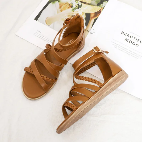 Bohemia Beige Summer Beach Street Wear Womens Sandals 2022 Flat Ankle Strap Open / Peep Toe Sandals