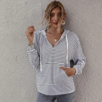 Fashion Casual Women White Stripe Sweatshirts Hoodies 2021 V Neck Hooded Zipper Fall Long Sleeve Loose Tops