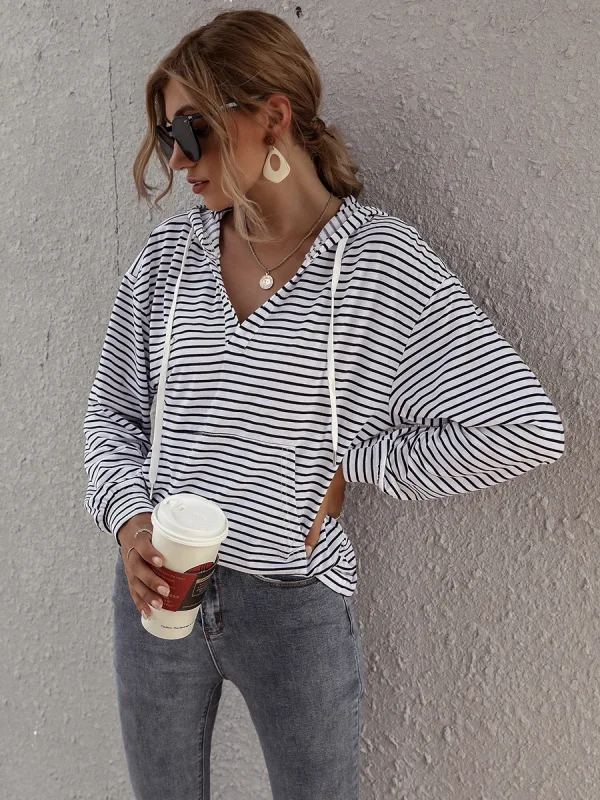 Fashion Casual Women White Stripe Sweatshirts Hoodies 2021 V-Neck Hooded Zipper Fall Long Sleeve Loose Tops