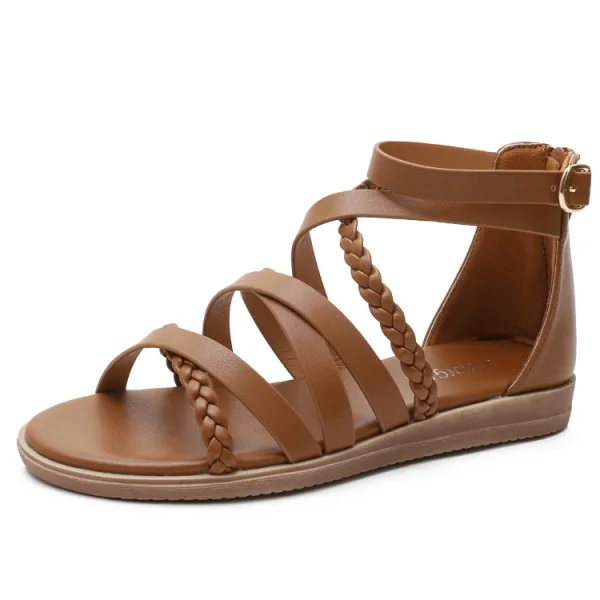 Bohemia Beige Summer Beach Street Wear Womens Sandals 2022 Flat Ankle Strap Open / Peep Toe Sandals