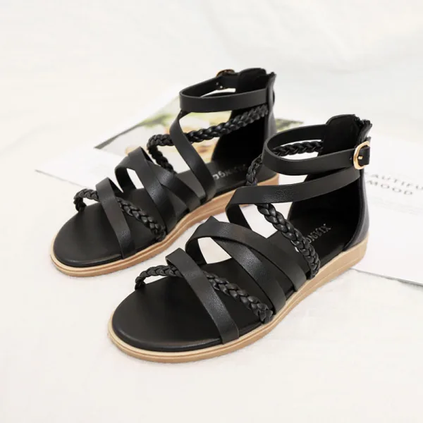 Bohemia Beige Summer Beach Street Wear Womens Sandals 2022 Flat Ankle Strap Open / Peep Toe Sandals