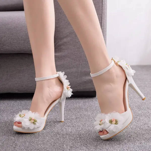 Chic / Beautiful White Appliques Ankle Strap Prom Outdoor / Garden Womens Sandals 2025 10 cm Stiletto Heels Open / Peep Toe Sandals High Heels