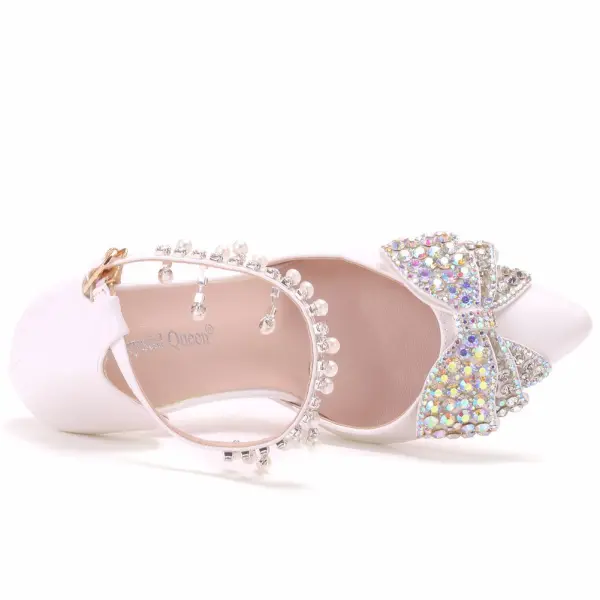 Sexy Weiß Strass Schleife Knöchelriemen Brautschuhe 2025 9 cm Stilettos Spitzschuh Hochzeit Hochhackige