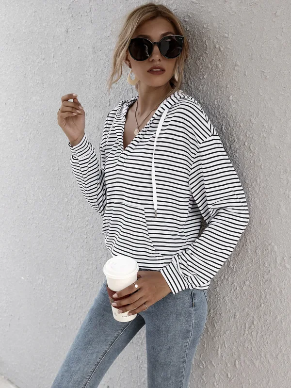 Fashion Casual Women White Stripe Sweatshirts Hoodies 2021 V-Neck Hooded Zipper Fall Long Sleeve Loose Tops