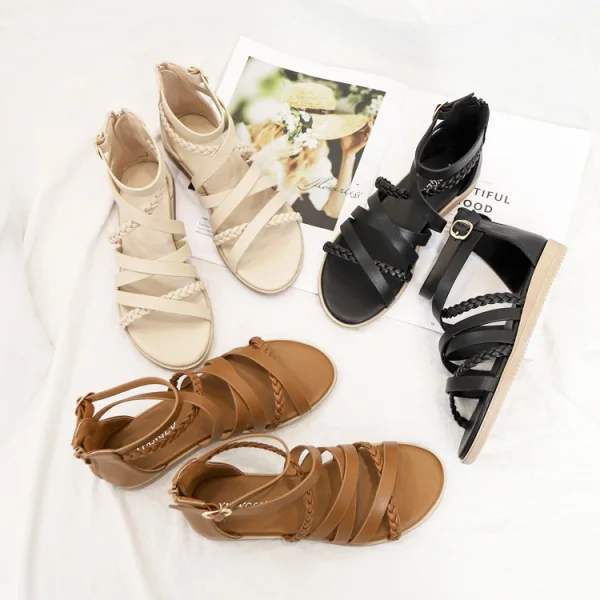 Bohemia Beige Summer Beach Street Wear Womens Sandals 2022 Flat Ankle Strap Open / Peep Toe Sandals