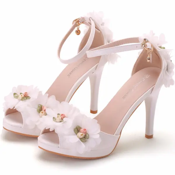 Chic / Beautiful White Appliques Ankle Strap Prom Outdoor / Garden Womens Sandals 2025 10 cm Stiletto Heels Open / Peep Toe Sandals High Heels
