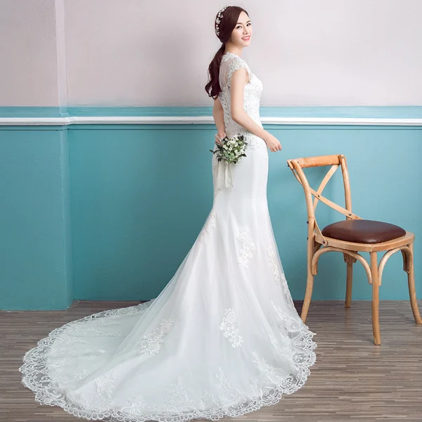 Abordable Robe De Mariée 2017 Blanche Trompette / Sirène Encolure Dégagée Sans Manches Dos Nu Chapel Train Perle En Dentelle Appliques