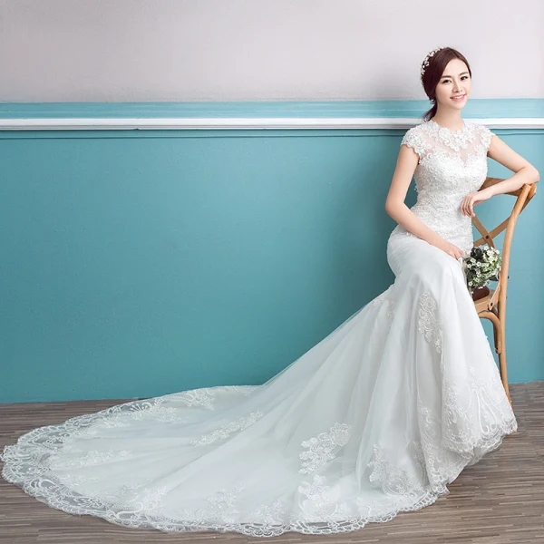 Abordable Robe De Mariée 2017 Blanche Trompette / Sirène Encolure Dégagée Sans Manches Dos Nu Chapel Train Perle En Dentelle Appliques