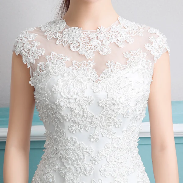 Abordable Robe De Mariée 2017 Blanche Trompette / Sirène Encolure Dégagée Sans Manches Dos Nu Chapel Train Perle En Dentelle Appliques