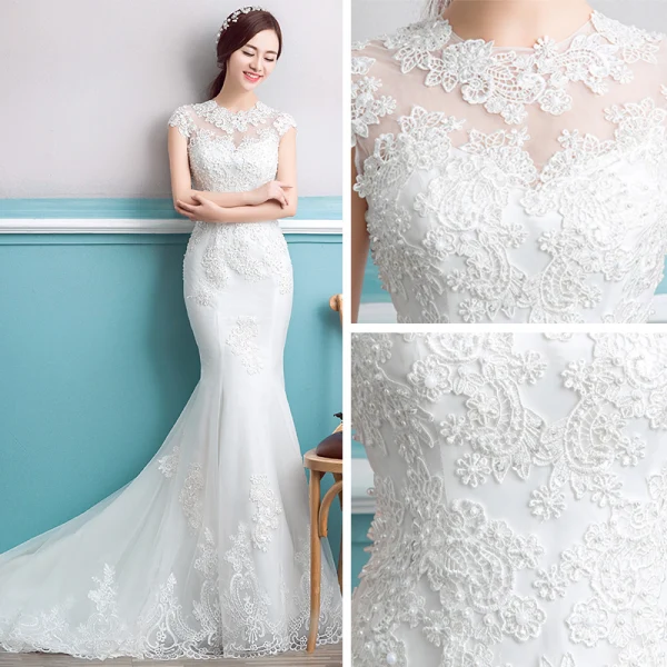 Abordable Robe De Mariée 2017 Blanche Trompette / Sirène Encolure Dégagée Sans Manches Dos Nu Chapel Train Perle En Dentelle Appliques