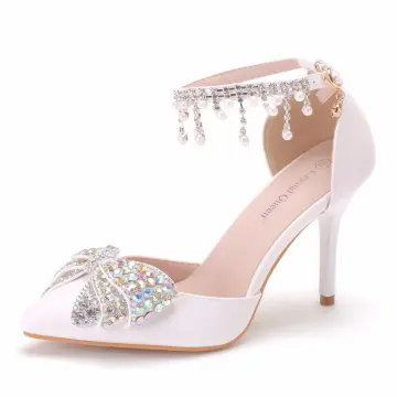 Sexy Witte Rhinestone Strik Enkelband Bruidsschoenen 2025 9 Cm Naaldhakken Stiletto Spitse Neus Huwelijk Hoge Hakken