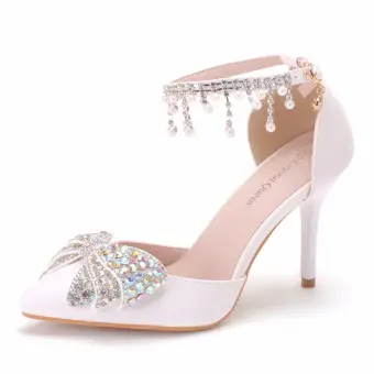 Sexy Weiß Strass Schleife Knöchelriemen Brautschuhe 2025 9 Cm Stilettos Spitzschuh Hochzeit Hochhackige