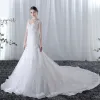 Chic / Beautiful Wedding Dresses 2017 White Trumpet / Mermaid Cathedral Train V-Neck Sleeveless Tassel Backless Lace Appliques Pearl Beading