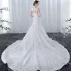 Chic / Beautiful Wedding Dresses 2017 White Trumpet / Mermaid Cathedral Train V-Neck Sleeveless Tassel Backless Lace Appliques Pearl Beading
