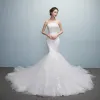 Affordable Church Hall Wedding Dresses 2017 White Trumpet / Mermaid Chapel Train Strapless Sleeveless Backless Lace Appliques Flower