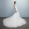 Affordable Church Hall Wedding Dresses 2017 White Trumpet / Mermaid Chapel Train Strapless Sleeveless Backless Lace Appliques Flower