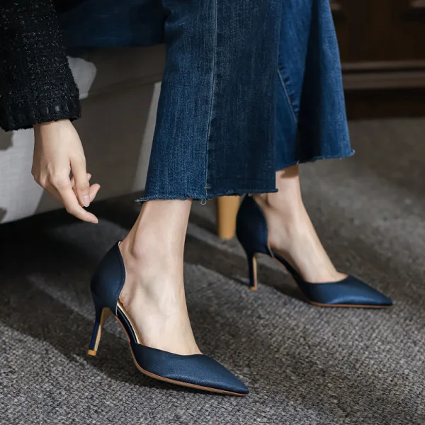 Chic / Beautiful Navy Blue Office OL Leather Open Side Womens Shoes 2021 8 cm Stiletto Heels Pointed Toe High Heels
