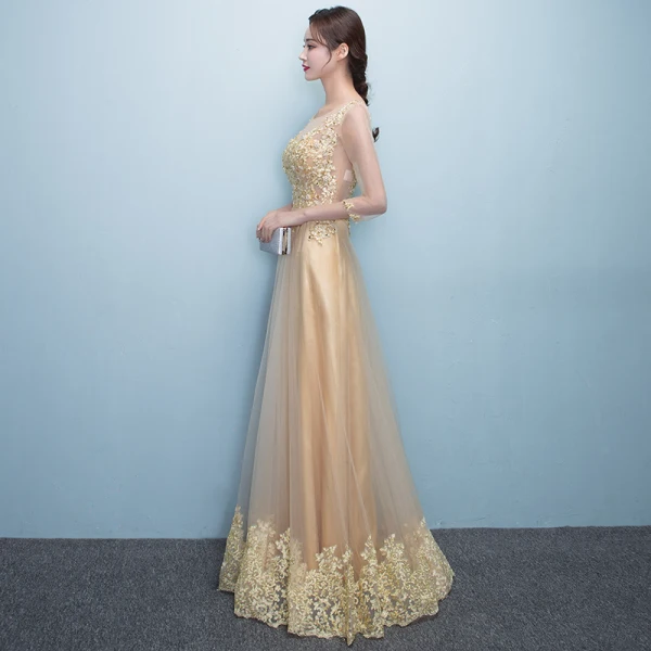 Chic / Beautiful Formal Dresses 2017 Evening Dresses  Gold A-Line / Princess Floor-Length / Long Scoop Neck Long Sleeve Sash Lace Appliques Pearl Sequins
