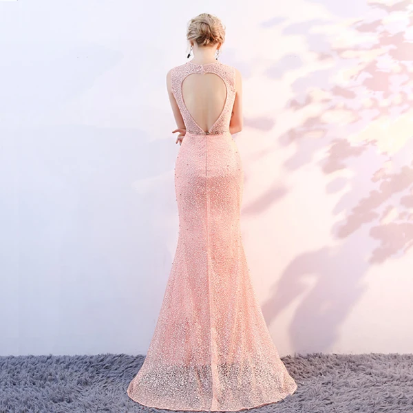 Chic / Belle Perle Rose Transparentes Robe De Soirée 2018 Trompette / Sirène Encolure Dégagée Sans Manches Perle Métal Ceinture Train De Balayage Dos Nu Robe De Ceremonie