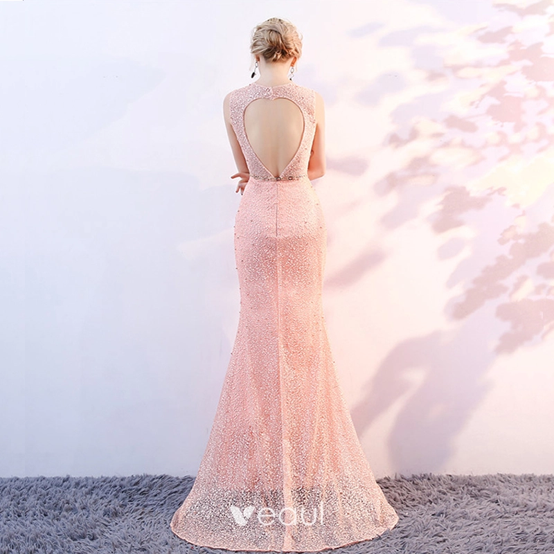 chinese dress ladies Mermaid Round Neck Sweep Train Pearl Pink Open Back Prom Dress Custom Size / Pink main image 0
