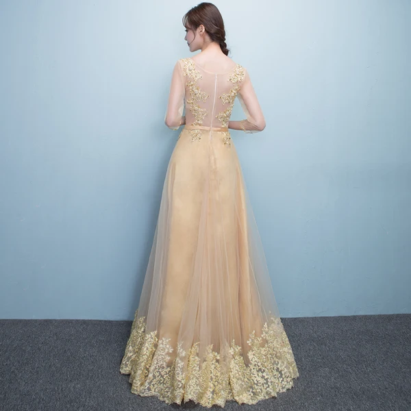 Chic / Beautiful Formal Dresses 2017 Evening Dresses  Gold A-Line / Princess Floor-Length / Long Scoop Neck Long Sleeve Sash Lace Appliques Pearl Sequins