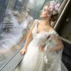 Stunning Ivory Wedding Dresses 2018 A-Line / Princess V-Neck Sleeveless Backless Appliques Lace Beading Ruffle Royal Train