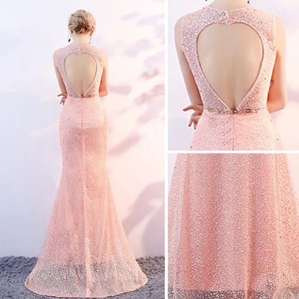 Chic / Belle Perle Rose Transparentes Robe De Soirée 2018 Trompette / Sirène Encolure Dégagée Sans Manches Perle Métal Ceinture Train De Balayage Dos Nu Robe De Ceremonie