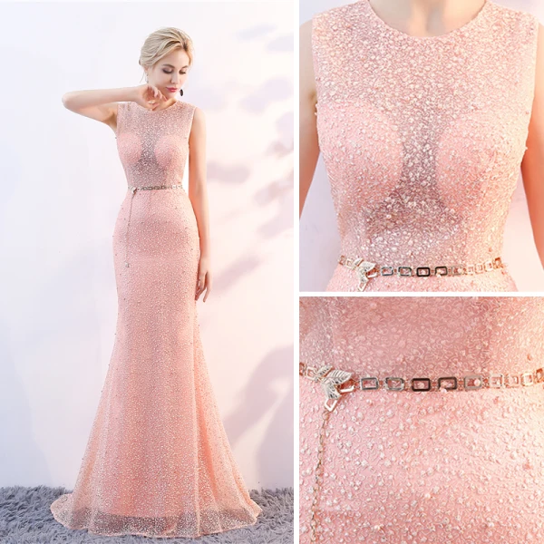 Chic / Belle Perle Rose Transparentes Robe De Soirée 2018 Trompette / Sirène Encolure Dégagée Sans Manches Perle Métal Ceinture Train De Balayage Dos Nu Robe De Ceremonie