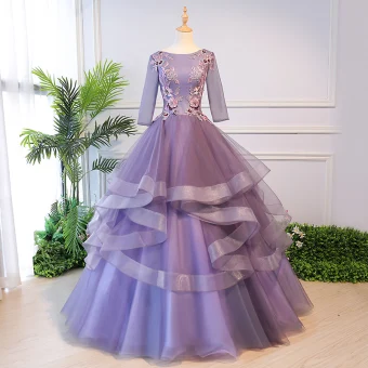 Élégant Lavande Quinceañera Robe De Bal 2018 Robe Boule Appliques Perle Encolure Carrée Dos Nu 3 4 Manches Volants En Cascade Longue Robe De Ceremonie
