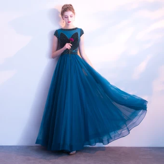 Chic Beautiful Ocean Blue Prom Dresses 2018 A Line Princess Beading Crystal Scoop Neck Short Sleeve Ankle Length Formal Dresses