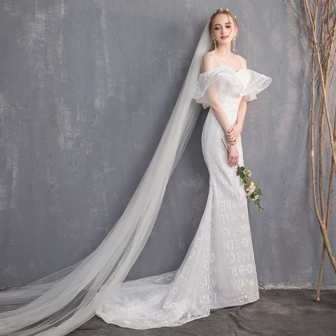Unique Weiß Brautkleider 2018 Mermaid Spaghettiträger Rückenfreies Kurze Ärmel Sweep / Pinsel Zug Hochzeit