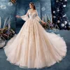 Elegante Champán Vestidos De Novia 2019 Ball Gown V-Cuello Lentejuelas Con Encaje Flor Mangas de campana Sin Espalda Royal Train