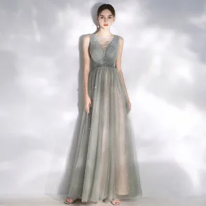 Moderne Mode Gris Robe De Soirée 2020 Princesse Encolure Dégagée Étoile Paillettes Dos Nu Cristal Sans Manches Longue Robe De Ceremonie