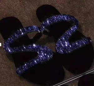 Glittrande Prisvärd Kungsblå Stranden Toffel Flip Flops 2020 Rhinestone Peep Toe Platt Damskor