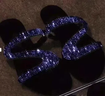 Sparkly Affordable Royal Blue Beach Slipper Flip Flops 2020 Rhinestone Open Peep Toe Flat Womens Shoes