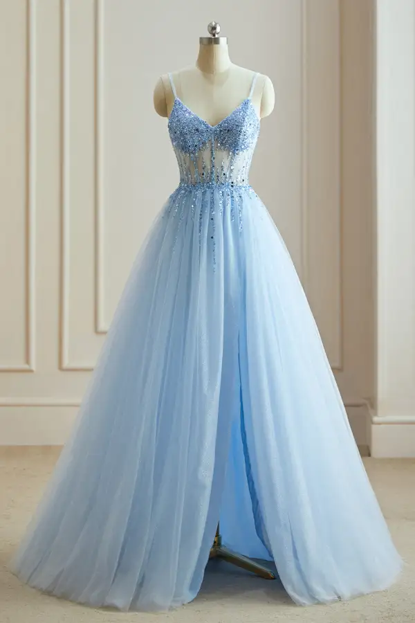 Sexy Sky Blue Split Front Prom Dresses 2024 A-Line / Princess Spaghetti Straps Sequins Sleeveless Floor-Length / Long Formal Dresses