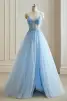 Sexy Sky Blue Split Front Prom Dresses 2024 A-Line / Princess Spaghetti Straps Sequins Sleeveless Floor-Length / Long Formal Dresses